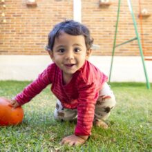 A young toddler wearing a red shirt and khaki pants plays with an orange ball and crawls on grass. There is a brick wall in the background